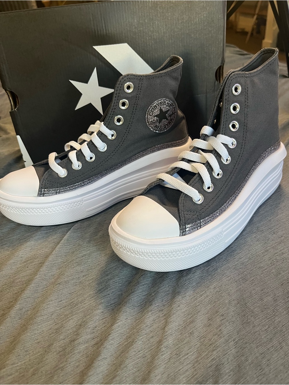 Converse High Top Platform Sneakers - Charcoal Gray & White silver glitter